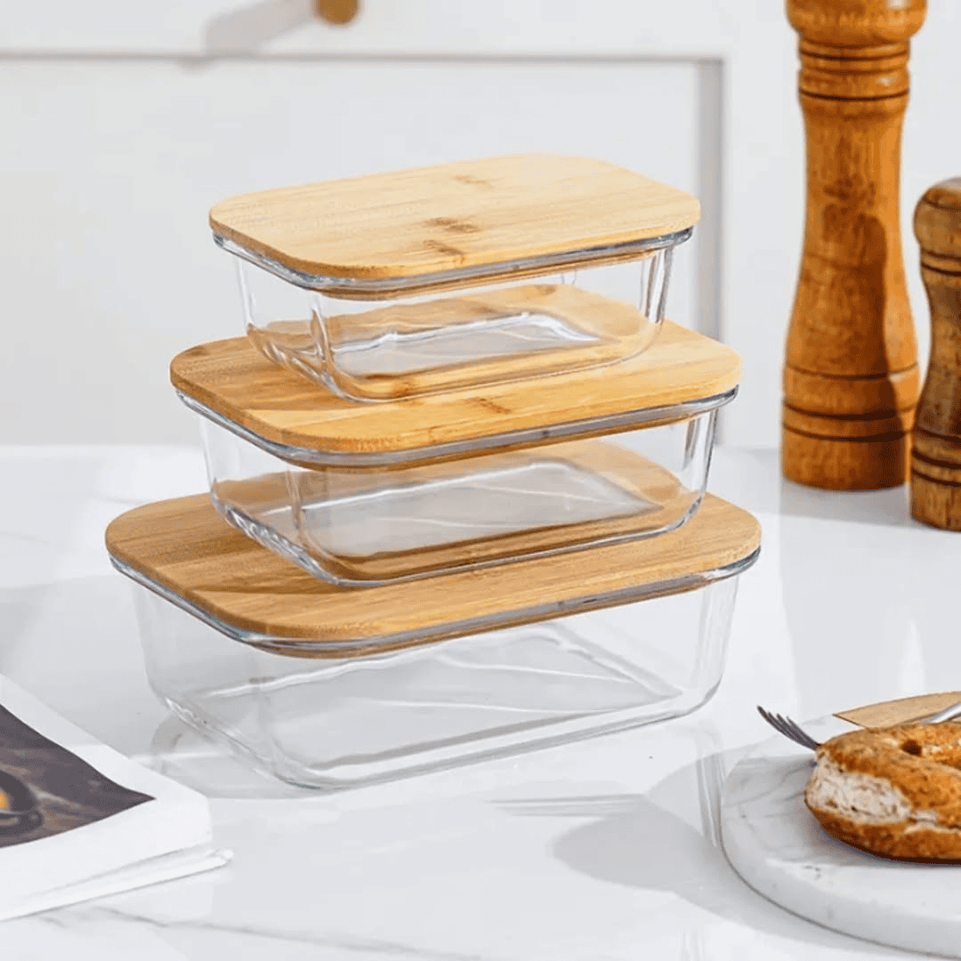 3pcs Glass Bowl Storage Containers with Bamboo Lid