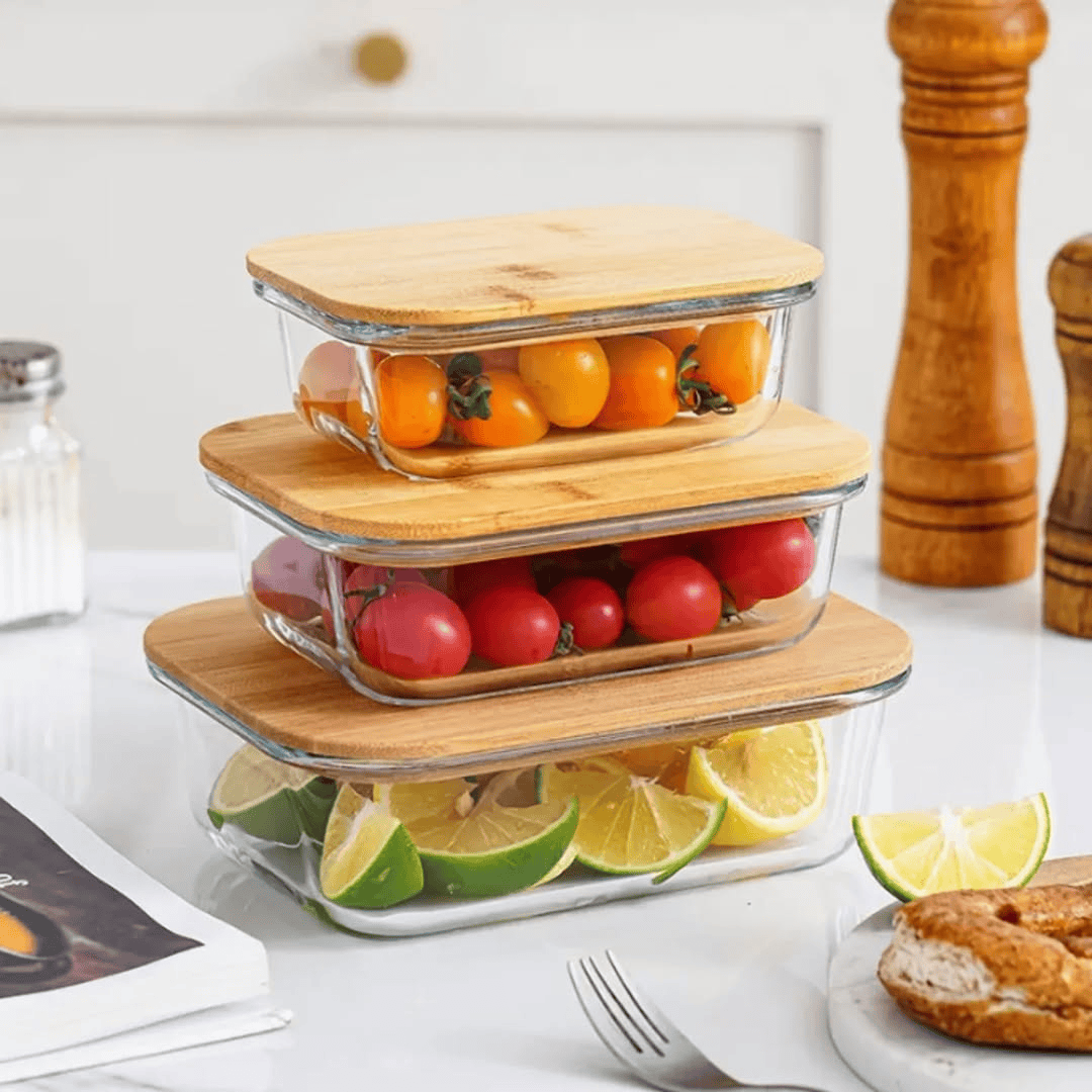 3pcs Glass Bowl Storage Containers with Bamboo Lid