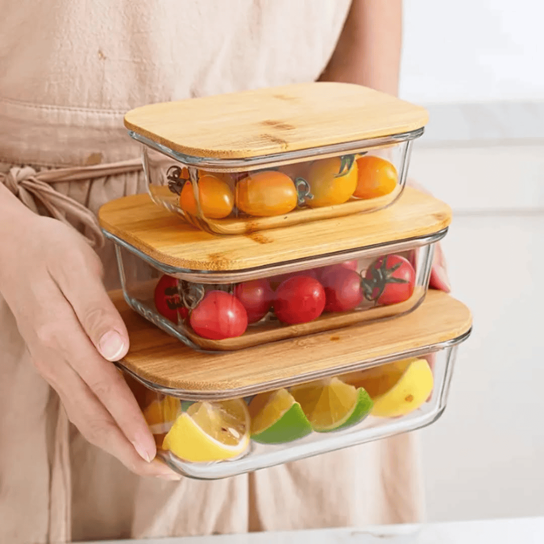 3pcs Glass Bowl Storage Containers with Bamboo Lid