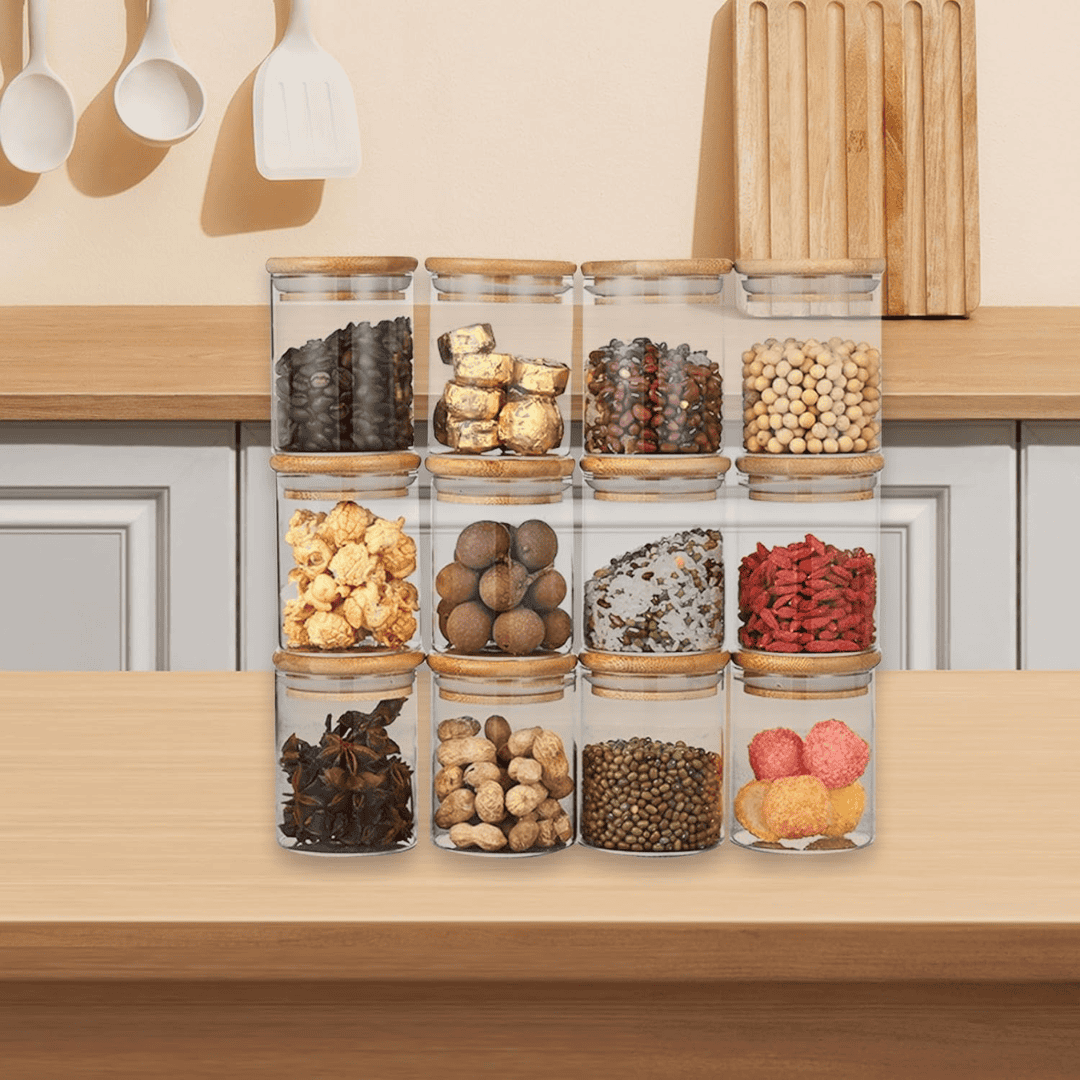 12pc Round Glass Spice Jars Set with Bamboo Lids