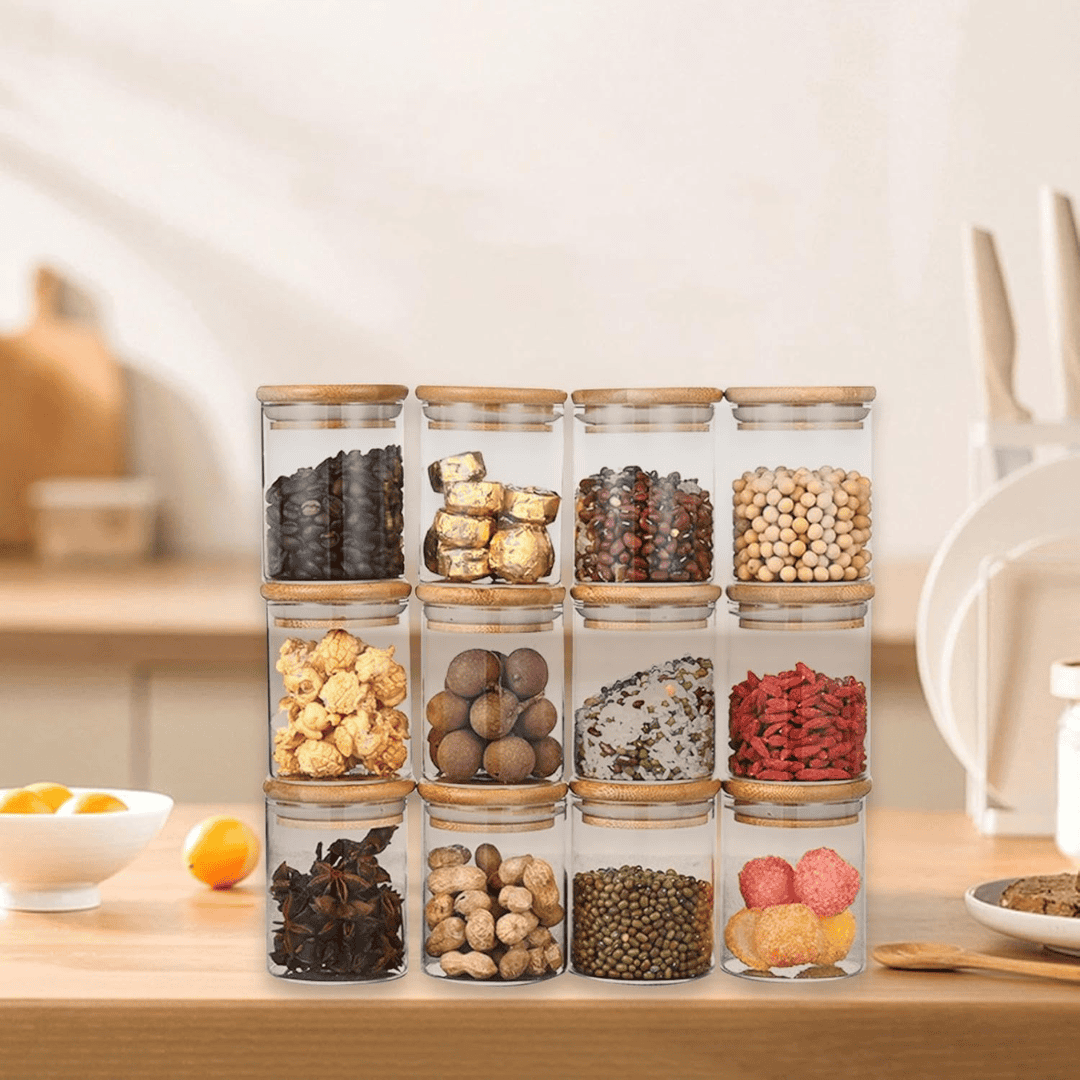 12pc Round Glass Spice Jars Set with Bamboo Lids