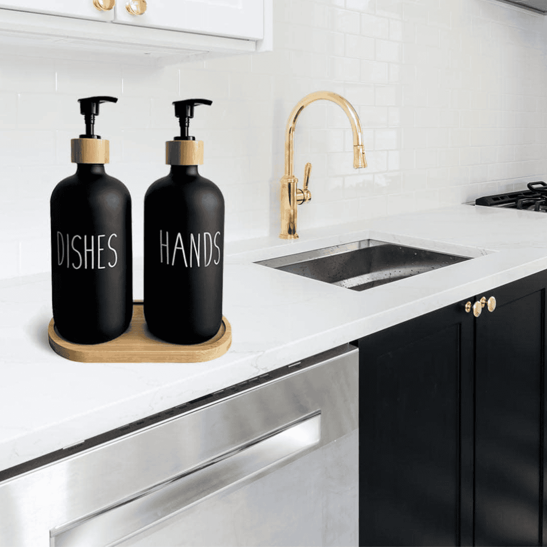 Dual Hand Wash Soap Dispenser with Bamboo Holder