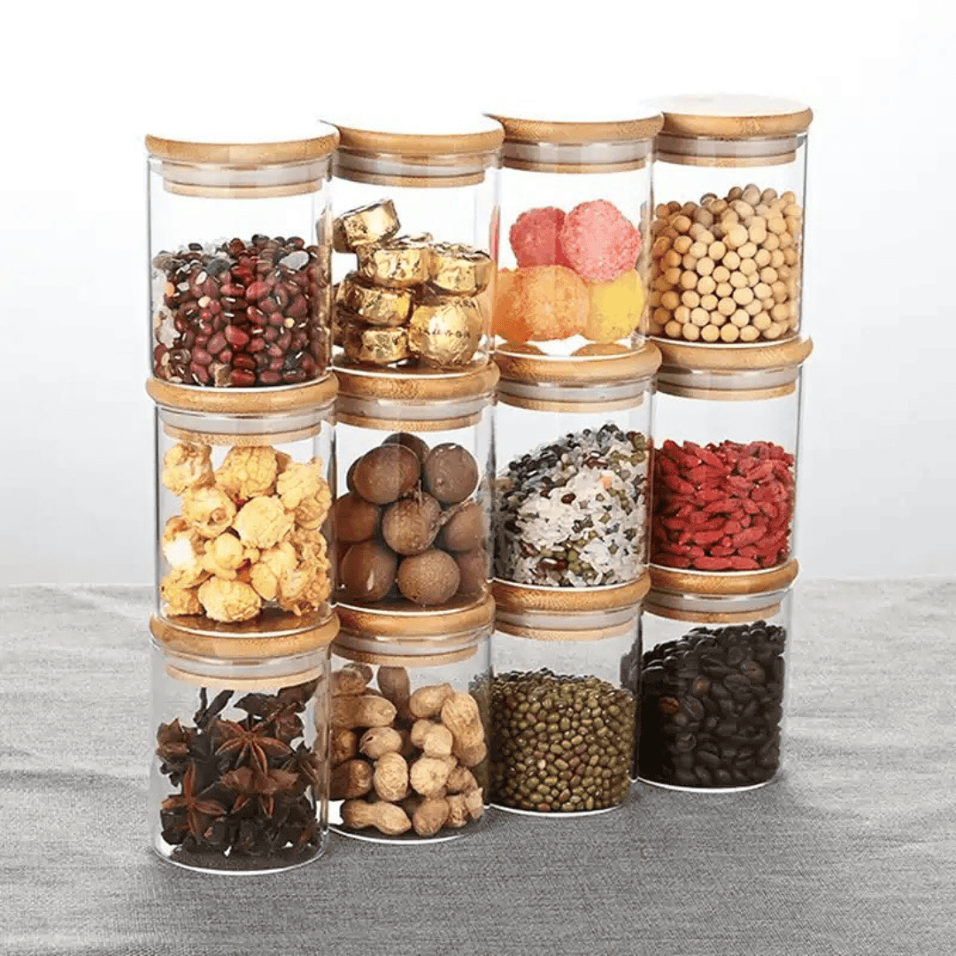 12pc Round Glass Spice Jars Set with Bamboo Lids