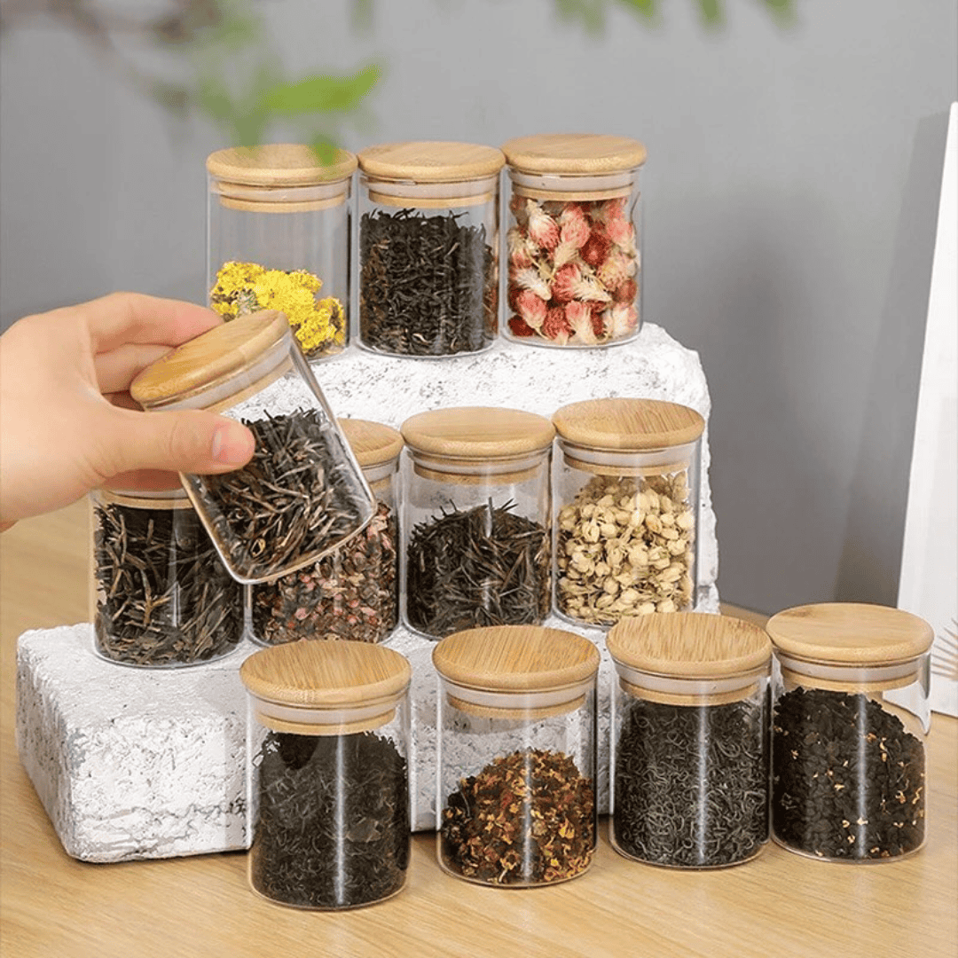 12pc Round Glass Spice Jars Set with Bamboo Lids