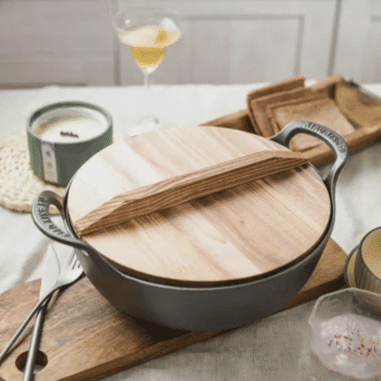 Pre-seasoned Cast Iron Flat Bottom Wok with Wooden Lid