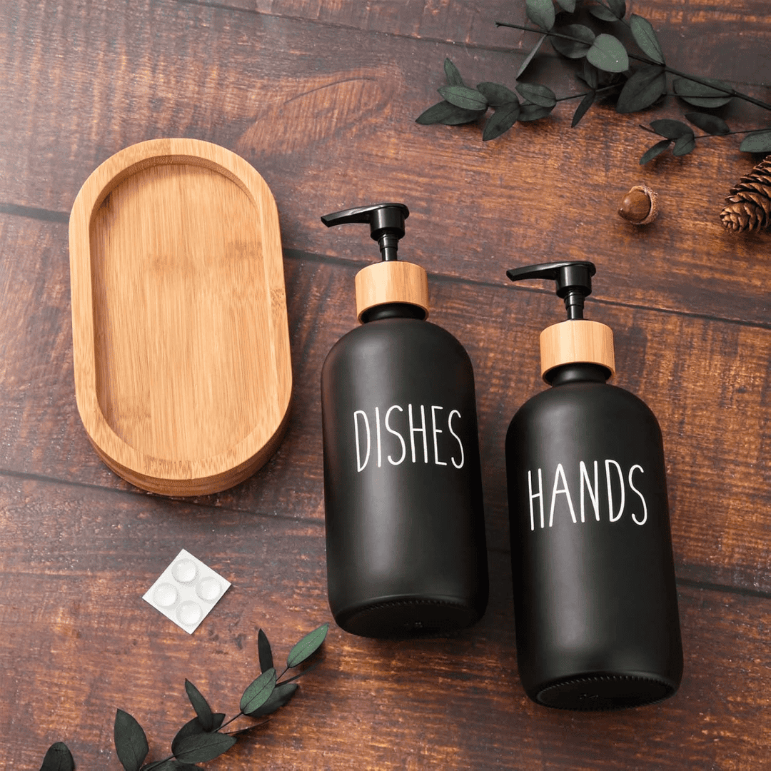 Dual Hand Wash Soap Dispenser with Bamboo Holder