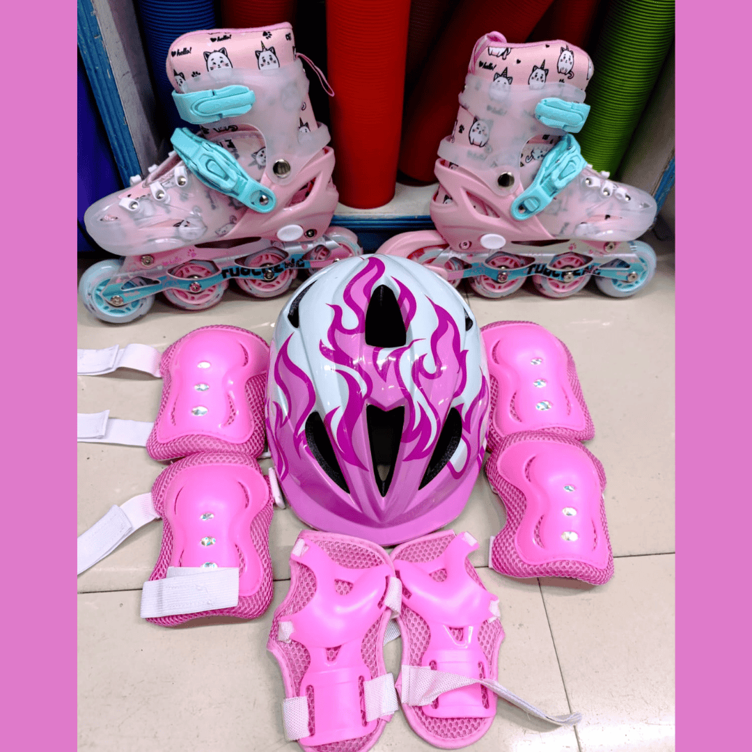 Full Set PU Wheeled Skates with Hard Helmet and Glowing Wheels