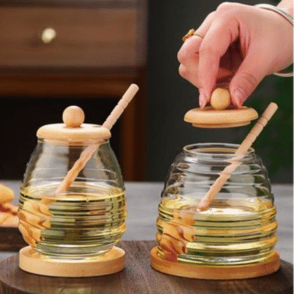 Transparent Honey Jar with Bamboo Dipper and Lid