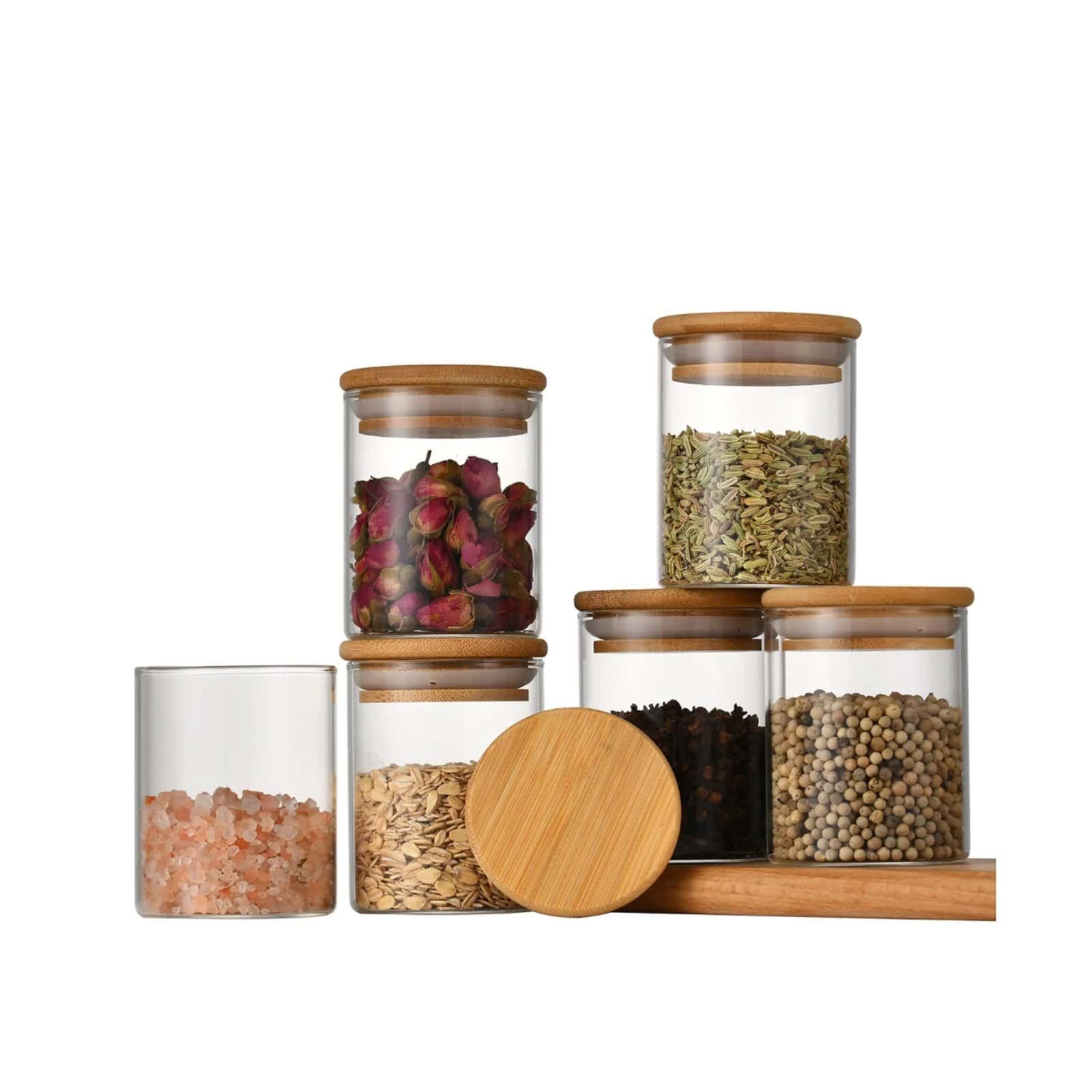 6-Pack Round Glass Jars with Bamboo Lid and Spoon