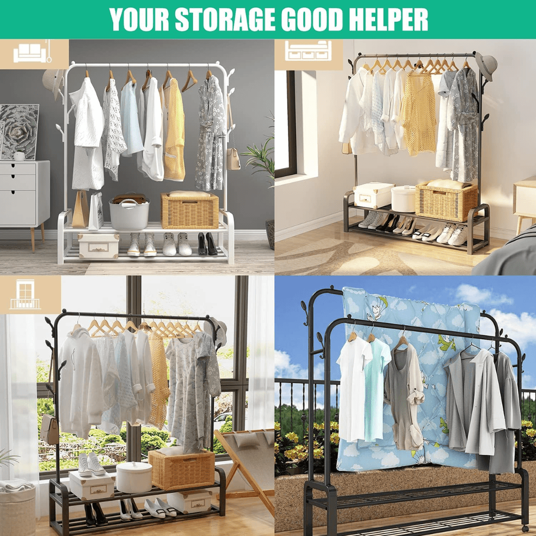 Curved Double Clothes Rack with 2 Bottom Shelf Storage Organizer