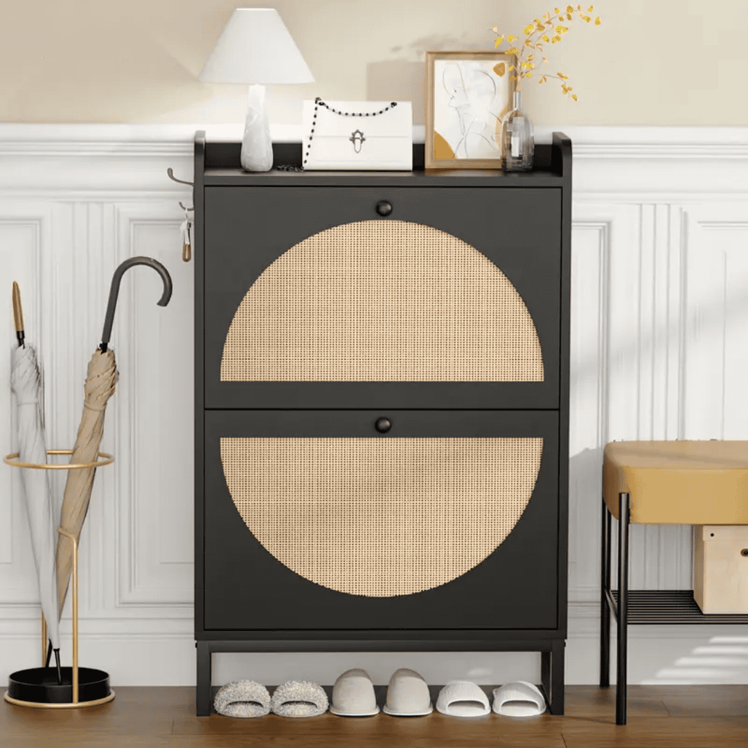 Rattan Wooden Black Bucket Flip Shoe Cabinet