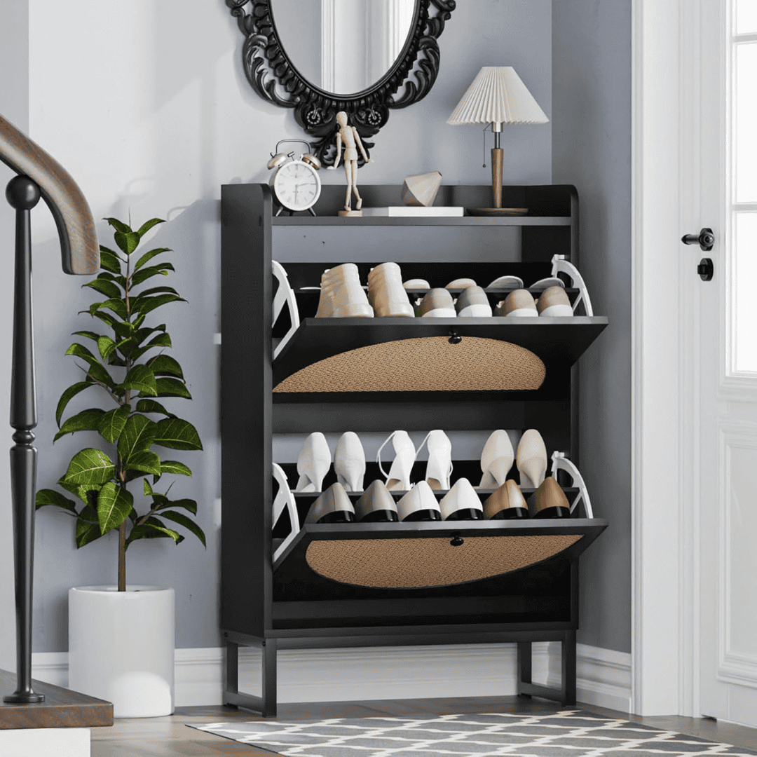 Rattan Wooden Black Bucket Flip Shoe Cabinet