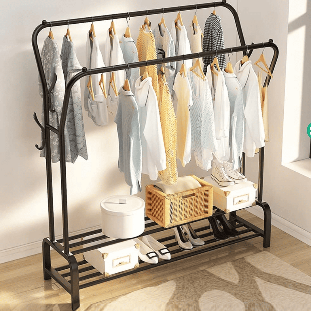 Curved Double Clothes Rack with 2 Bottom Shelf Storage Organizer
