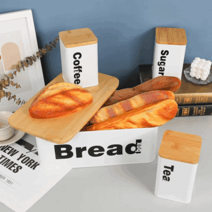Bread Bin with Three Canister Set with Bamboo Lid