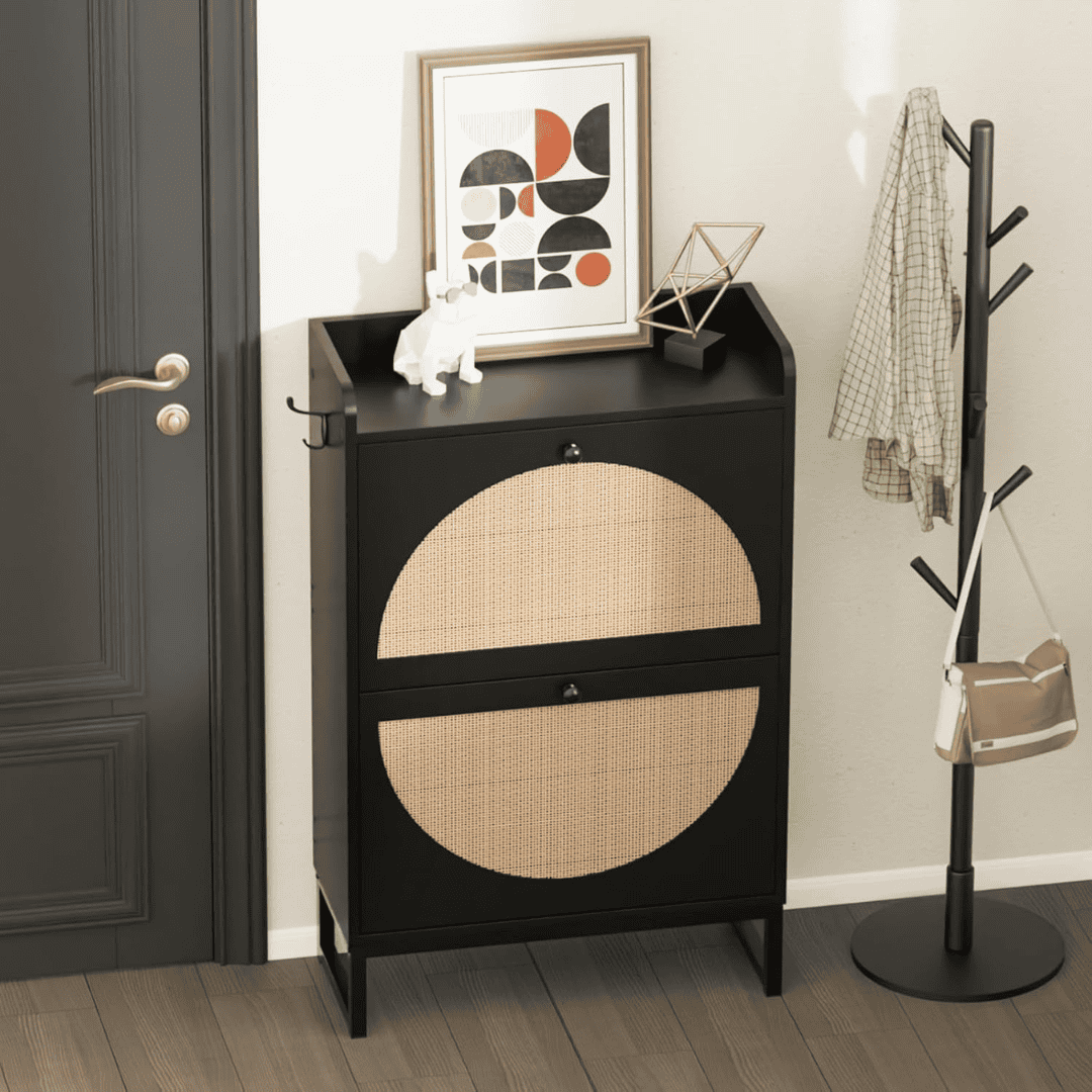 Rattan Wooden Black Bucket Flip Shoe Cabinet