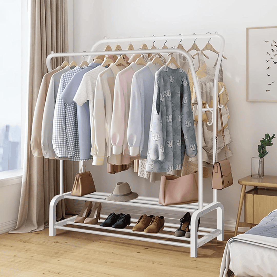 Curved Double Clothes Rack with 2 Bottom Shelf Storage Organizer