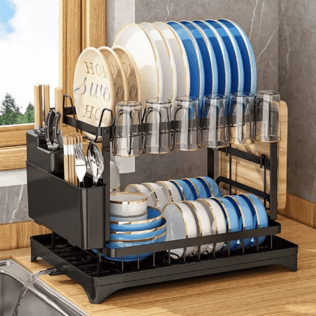 2-Tier Carbon Steel Dish Rack with Chopping Board and Spoon Holder