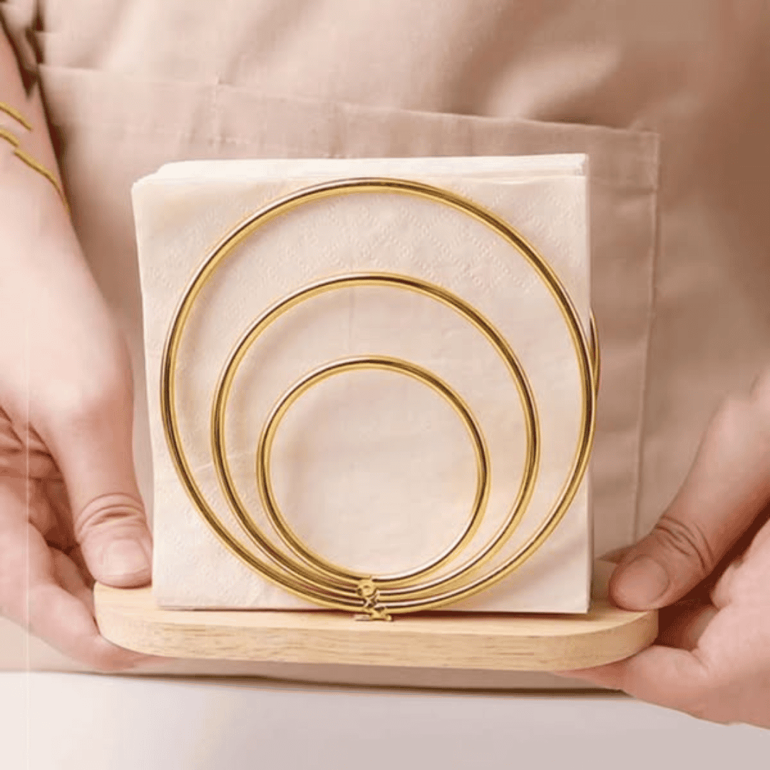 3 Ring Metallic Serviette Holder with Wooden Base