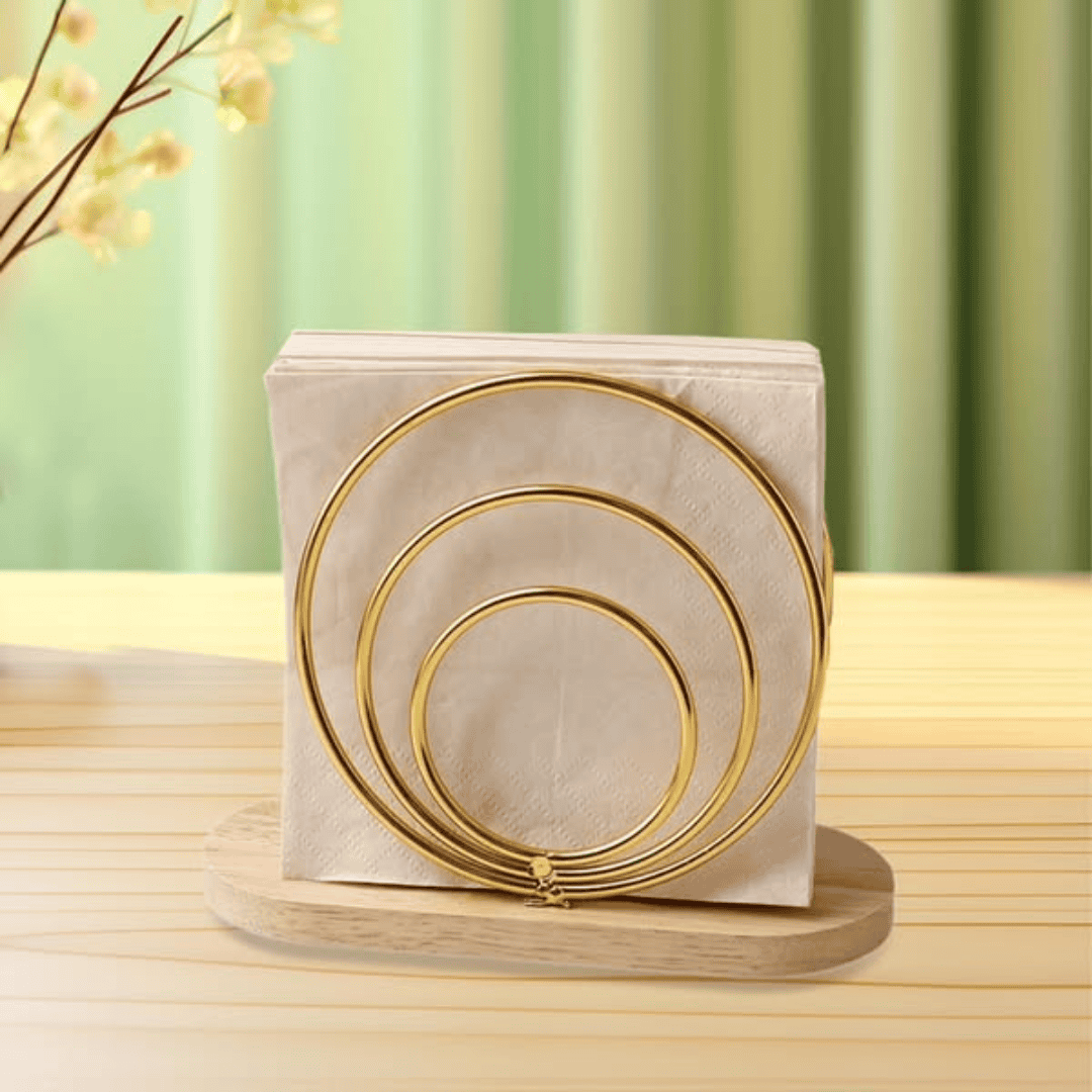 3 Ring Metallic Serviette Holder with Wooden Base