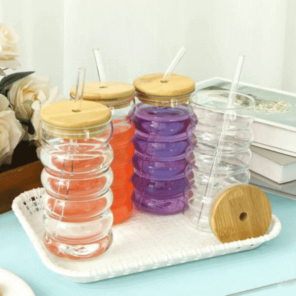 Borosilicate Ripple Wave Glass Cup with Bamboo Lid
