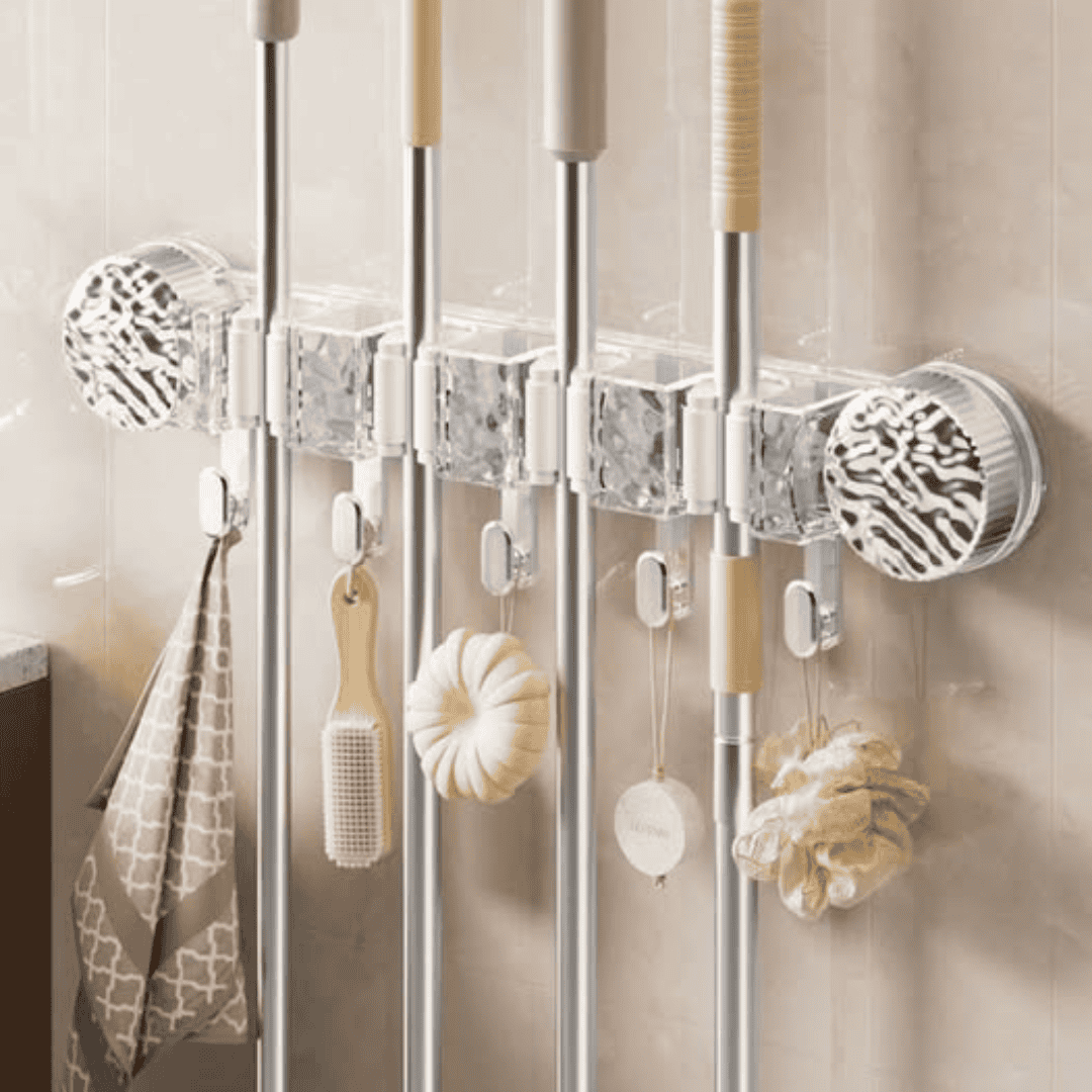 4-Holes Multi-Purpose Hooks Mop Hanger Rack with Hanging Hooks