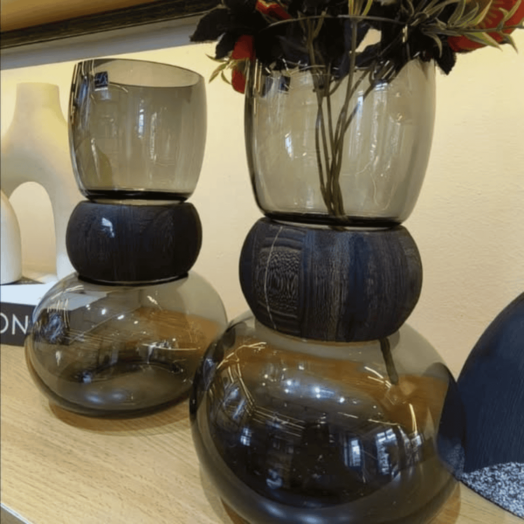 Dark Glass Vase with Wooden Ring