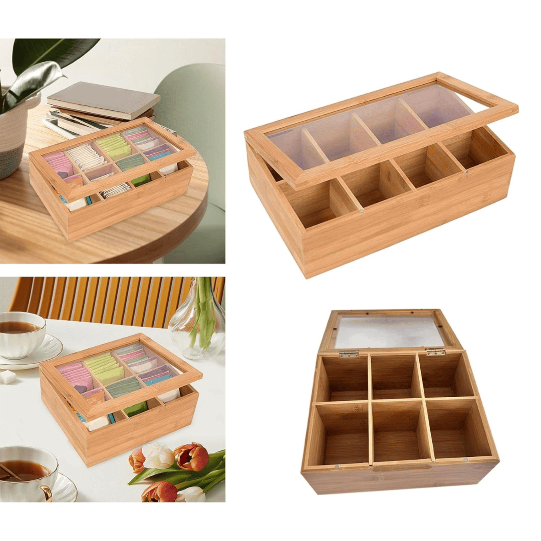 6-Slot Wooden Teabag Storage Box