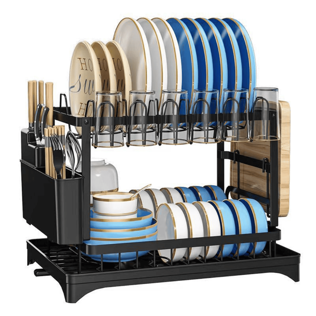 2-Tier Carbon Steel Dish Rack with Chopping Board and Spoon Holder
