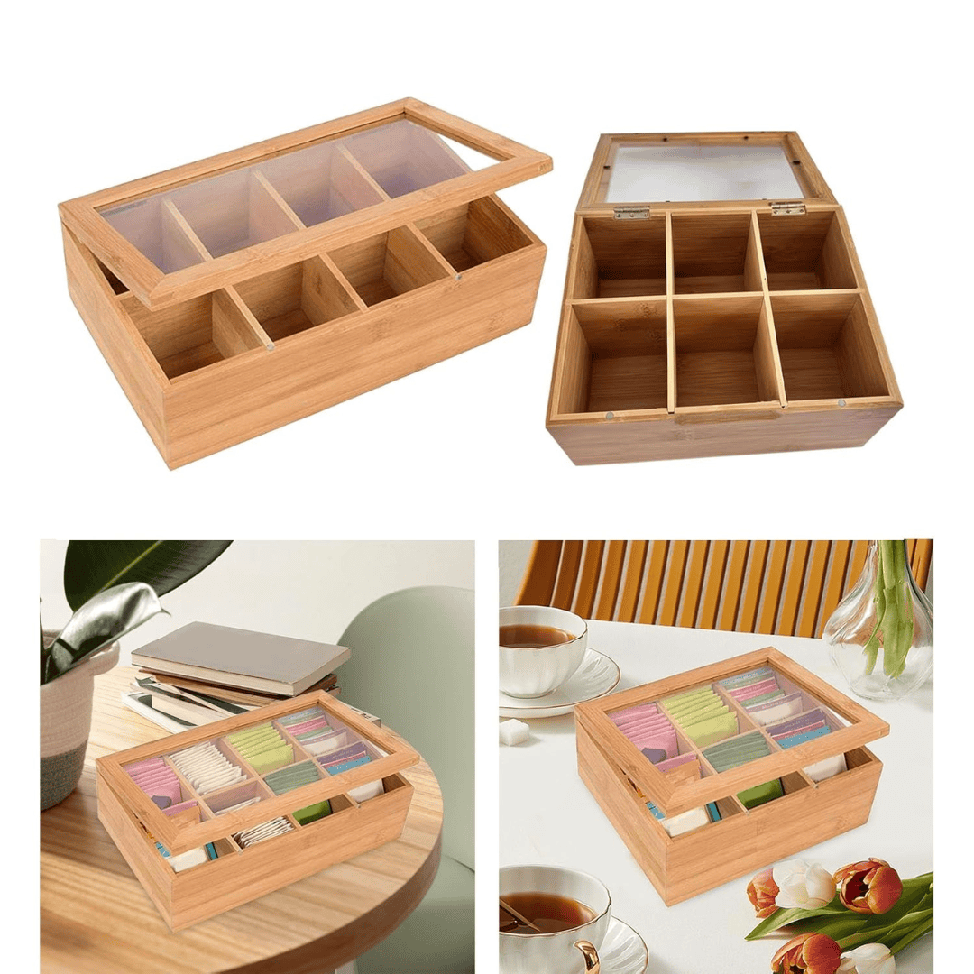 6-Slot Wooden Teabag Storage Box