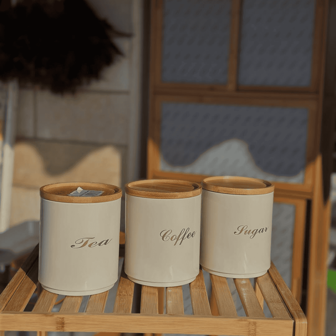 Tea Coffee and Sugar Canister Alloy Set with Bamboo Lid
