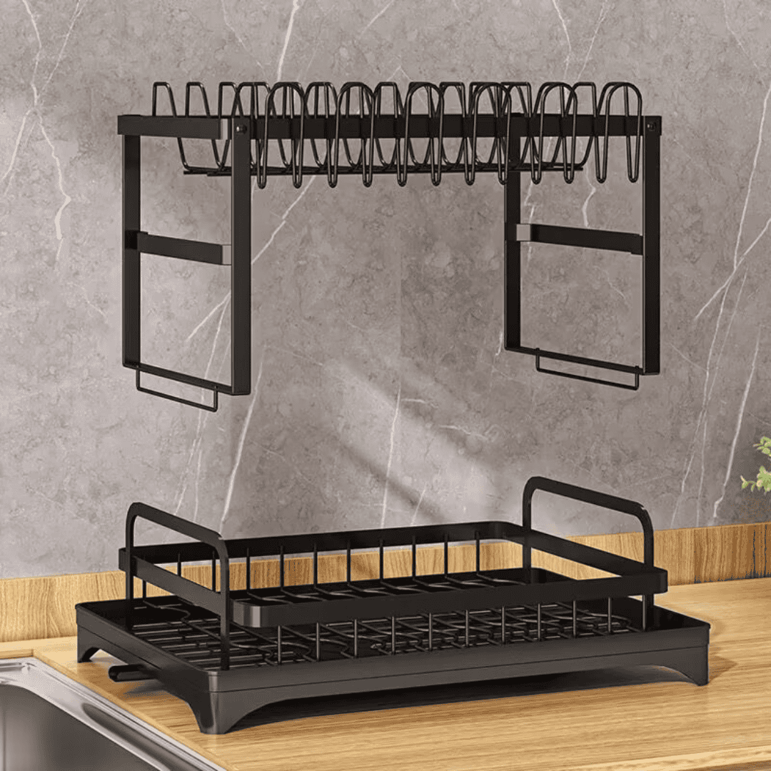 2-Tier Carbon Steel Dish Rack with Chopping Board and Spoon Holder