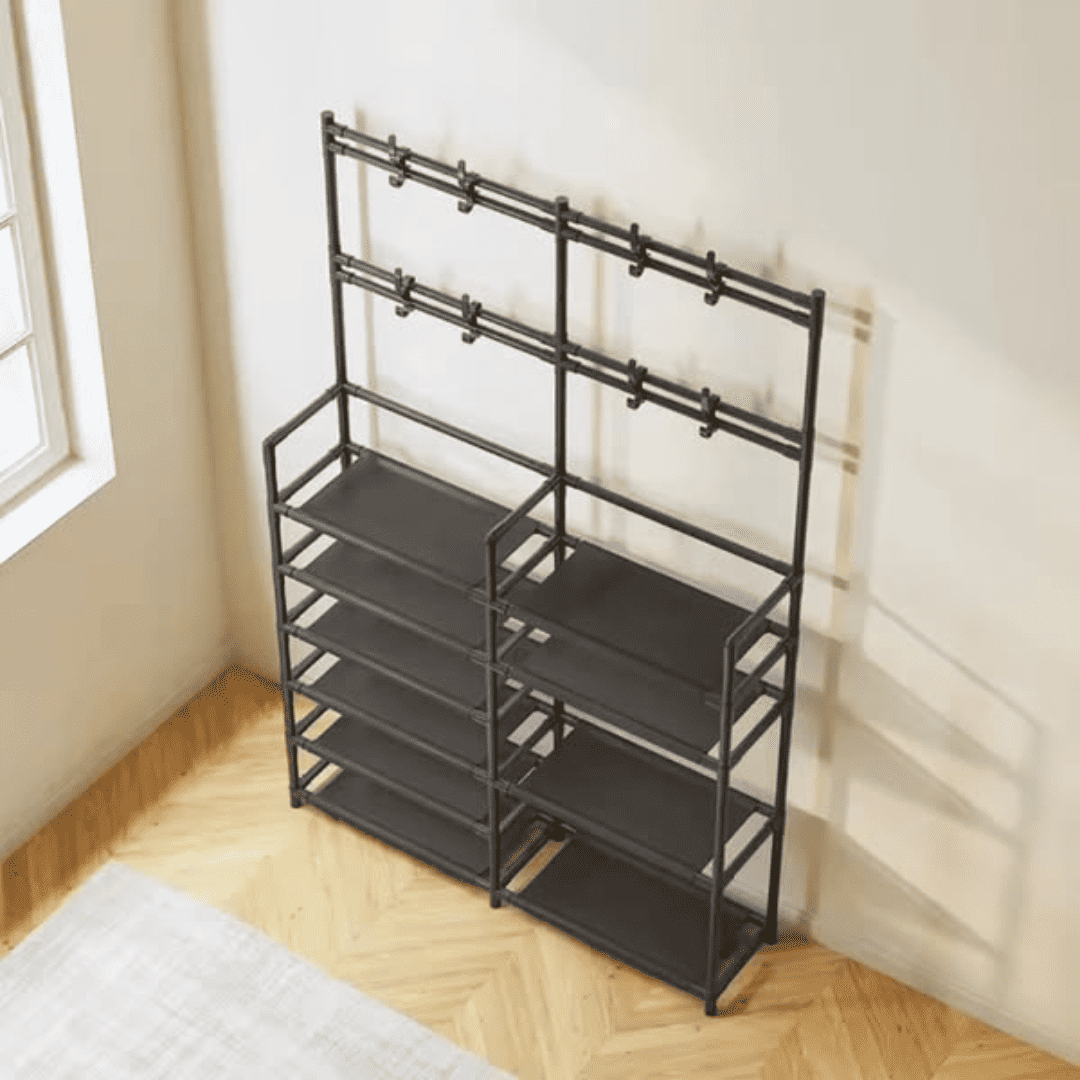 Multifunctional 6 Tier Shoe Rack Organizer with Floor Coat Hat Rack