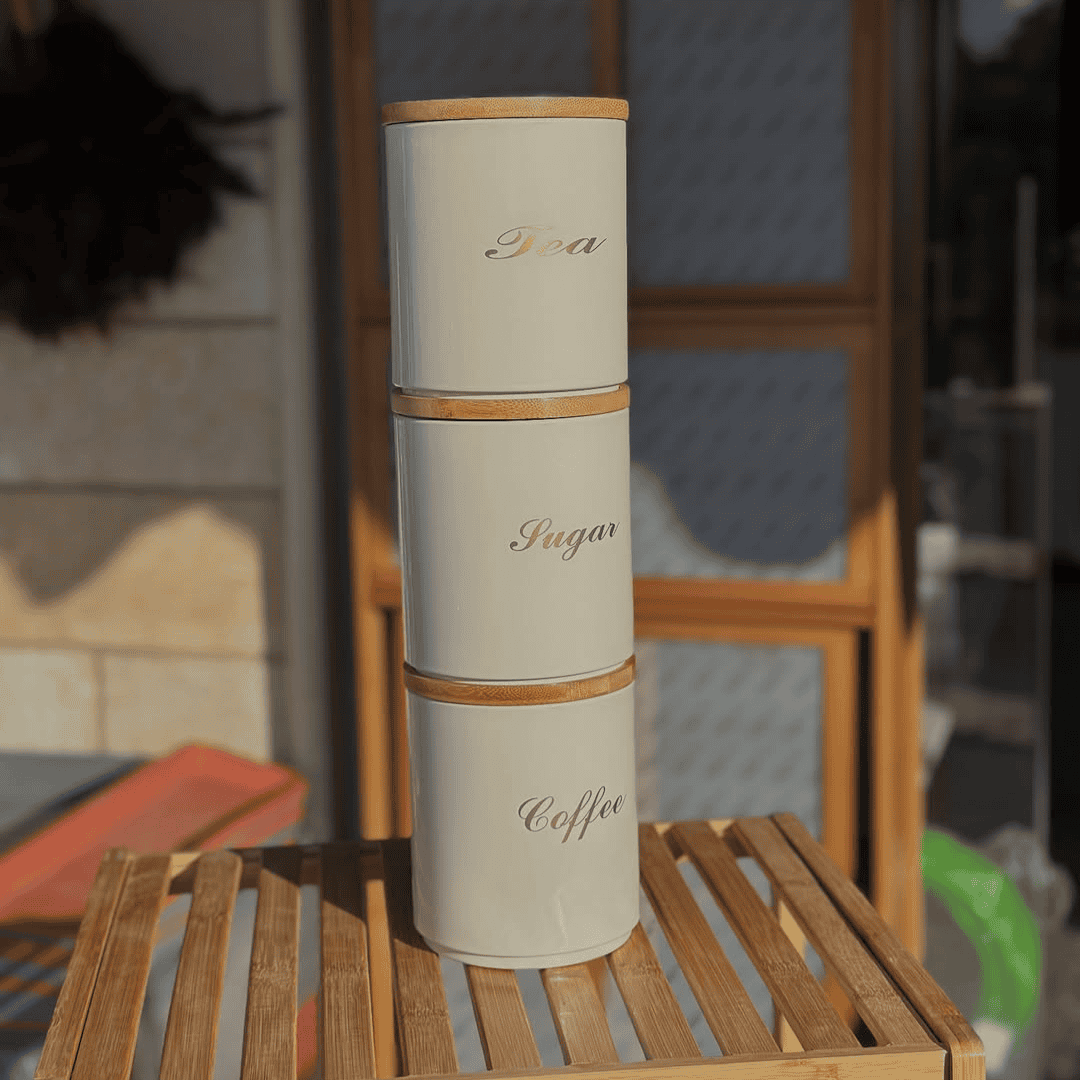 Tea Coffee and Sugar Canister Alloy Set with Bamboo Lid