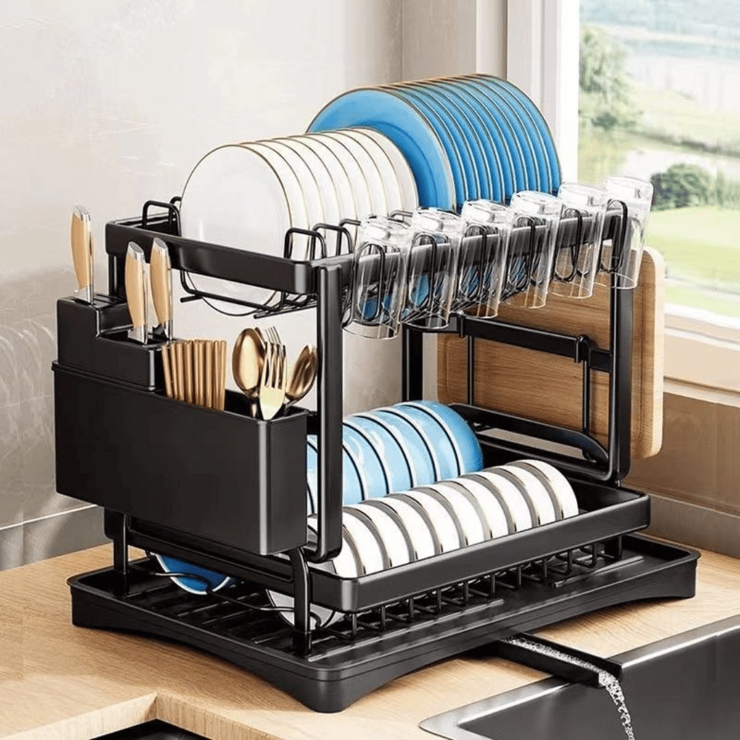 2-Tier Carbon Steel Dish Rack with Chopping Board and Spoon Holder