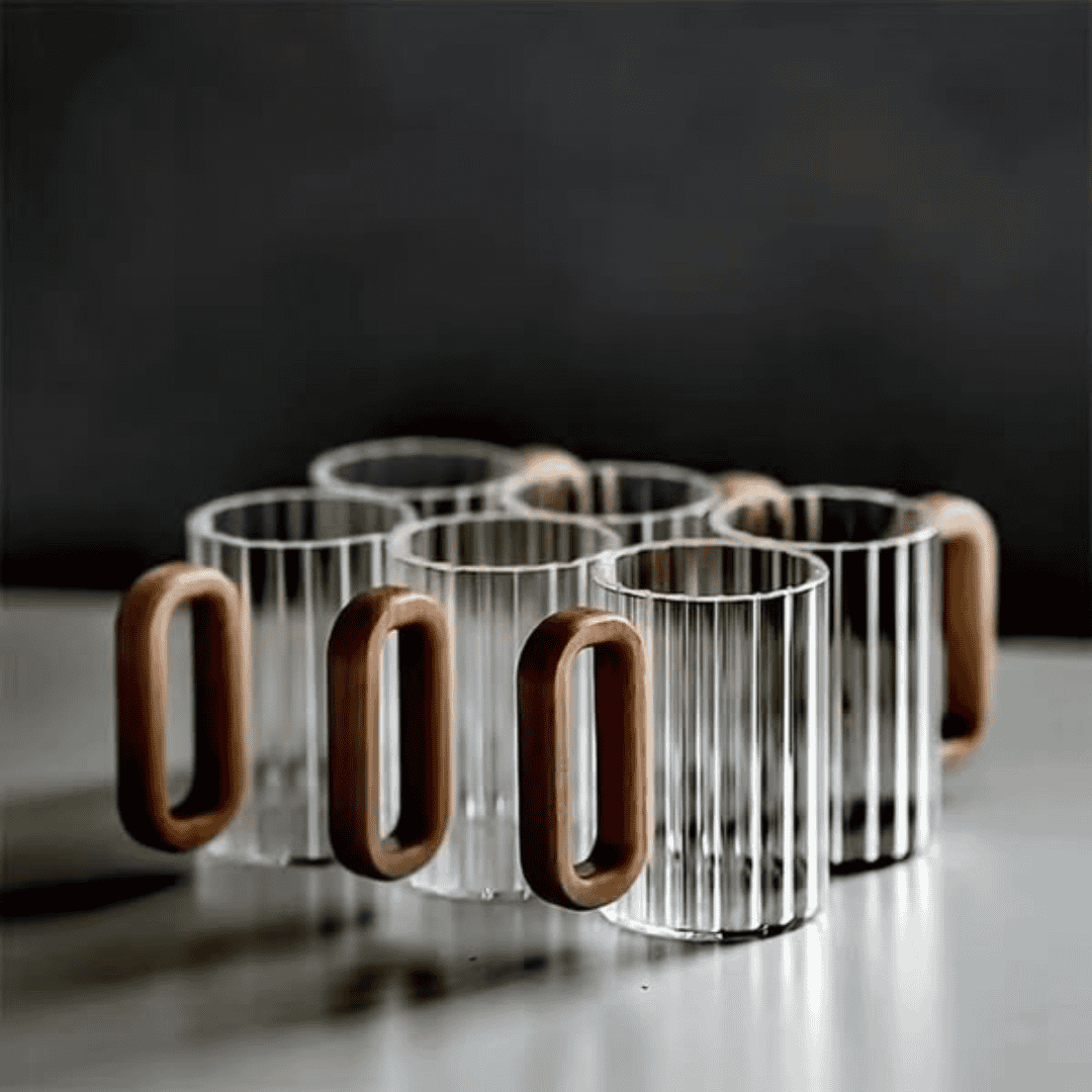 6pcs Heat Resistant Borosilicate Ribbed Glass Mugs