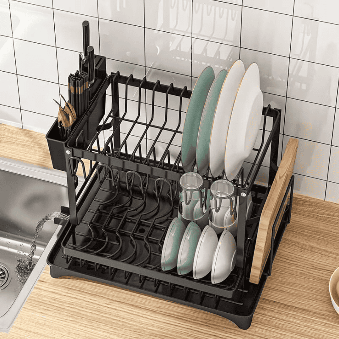2-Tier Carbon Steel Dish Rack with Chopping Board and Spoon Holder
