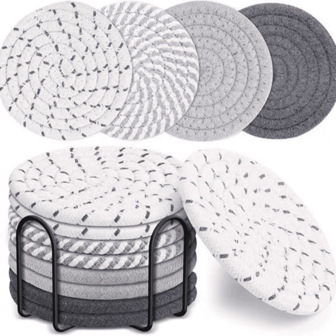 8pcs Rattan Coasters with Metallic Holder