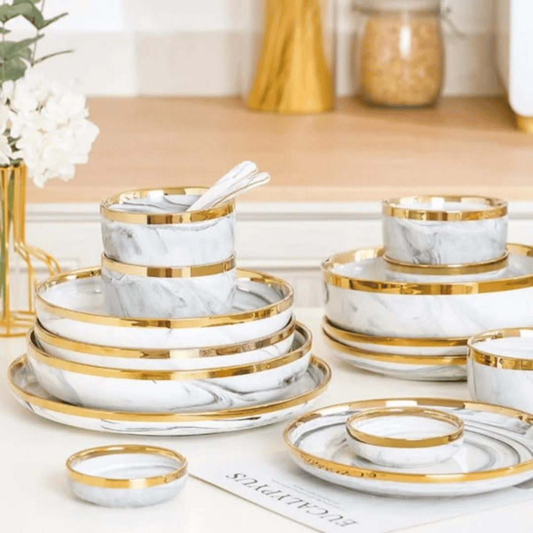 24 Pcs Marble Gold Line Dinner Set