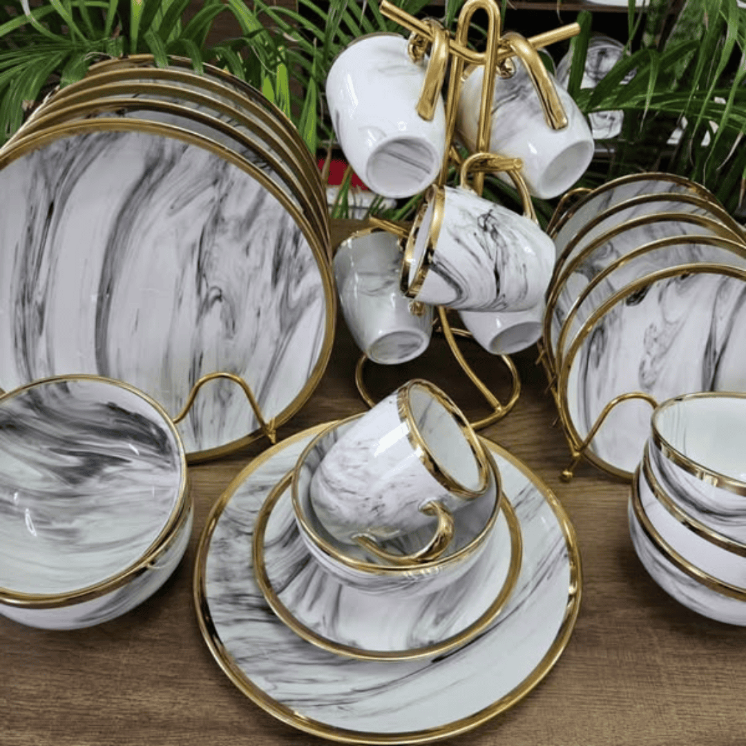 24 Pcs Marble Gold Line Dinner Set