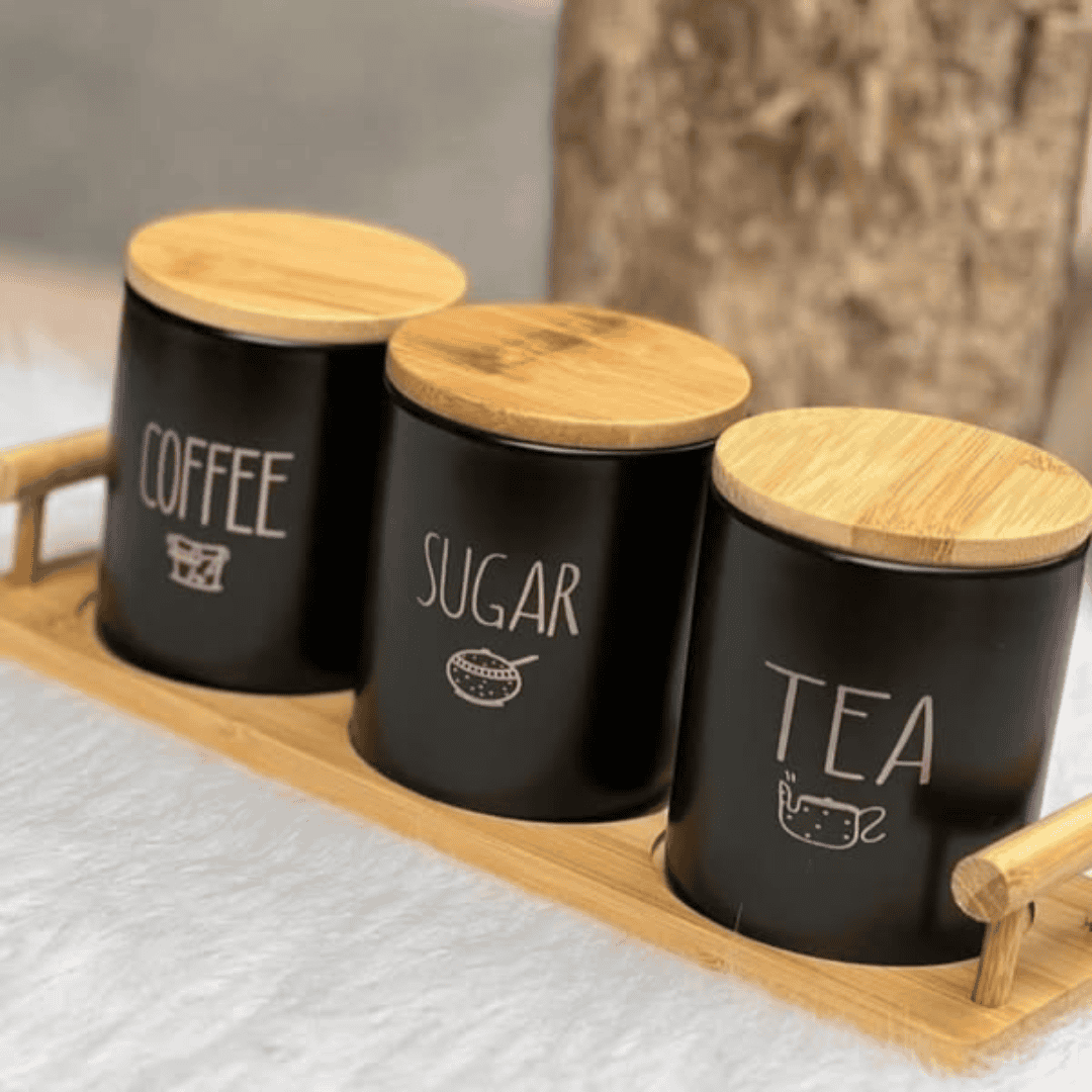 3Pcs Airtight Porcelain Canisters with Bamboo Lid