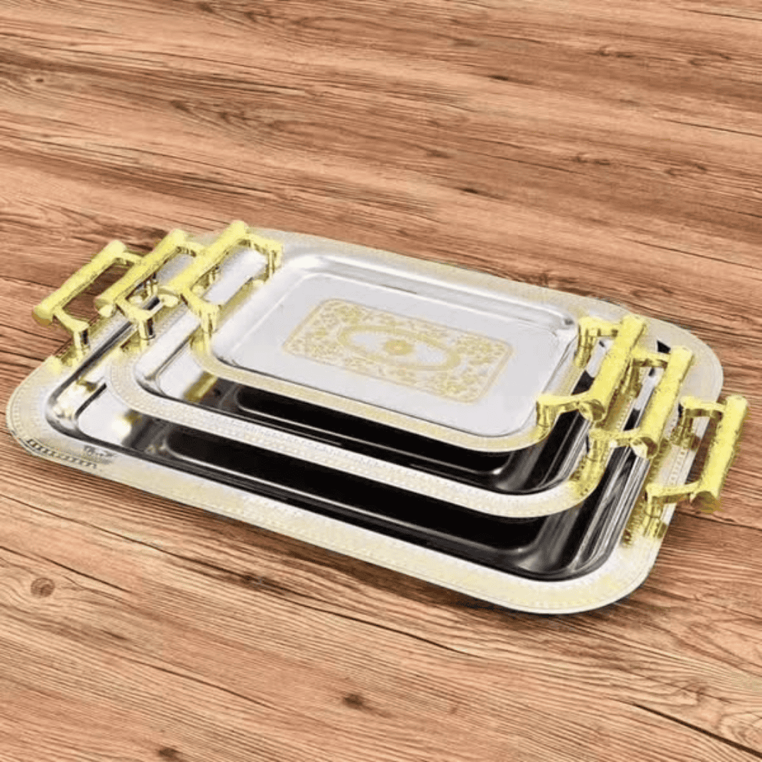 3 Pcs Stainless Steel and Gold Tray Set