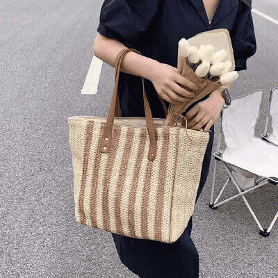 Striped Pattern Double Handle Straw Bag