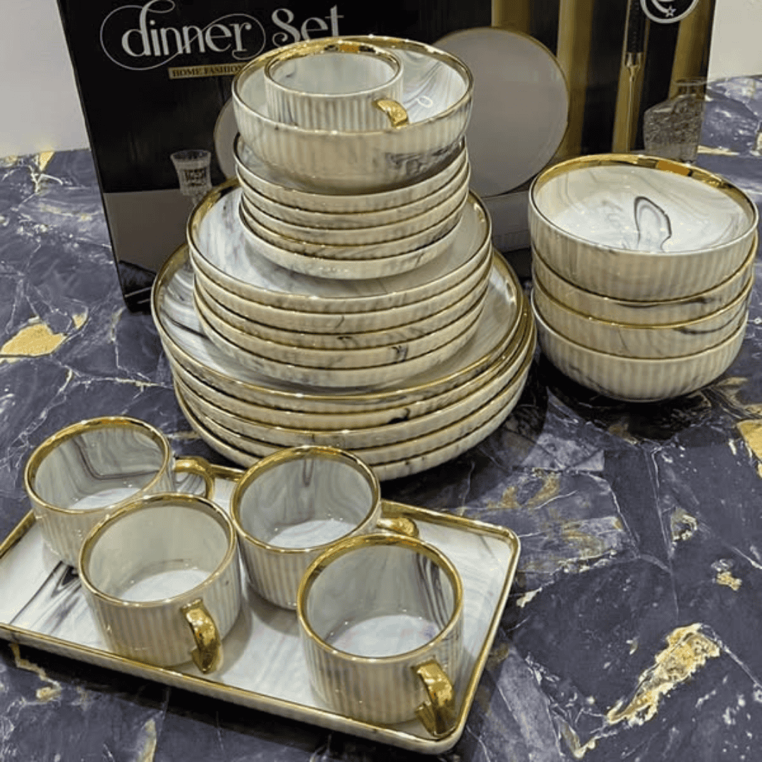 32 Pcs Black Marble Gold Dinner Set