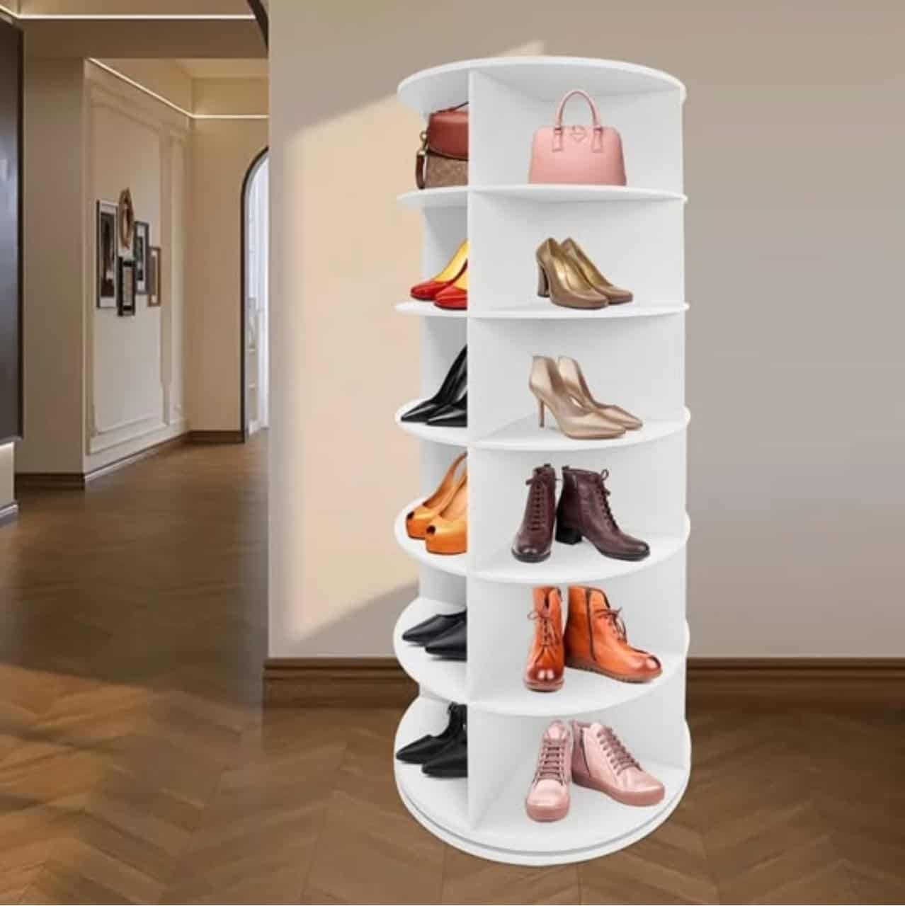 Smart Intelligent Full-Height 360 Degree 7 Layer Rotating Wood Shoe Rack