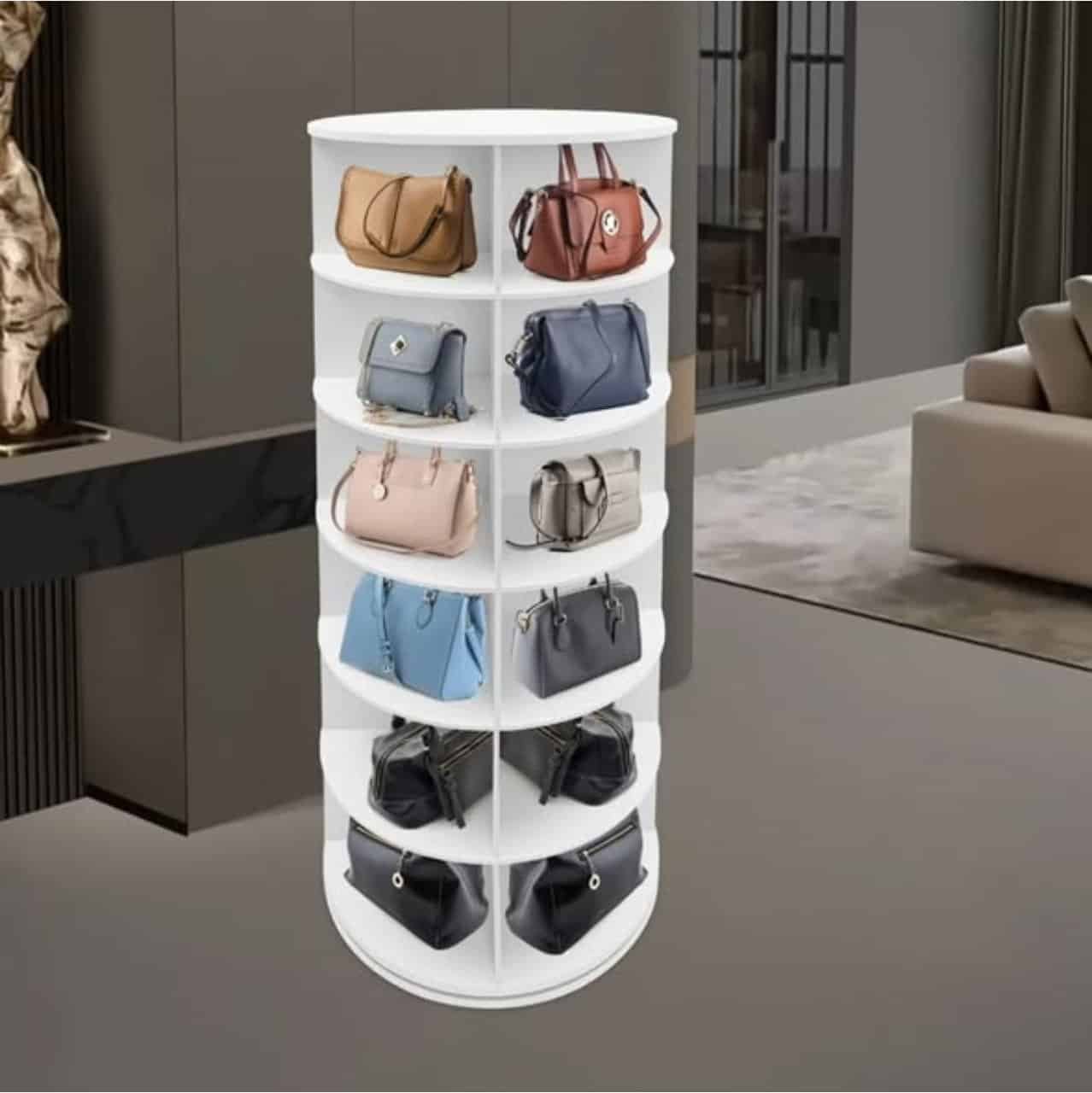 Smart Intelligent Full-Height 360 Degree 7 Layer Rotating Wood Shoe Rack