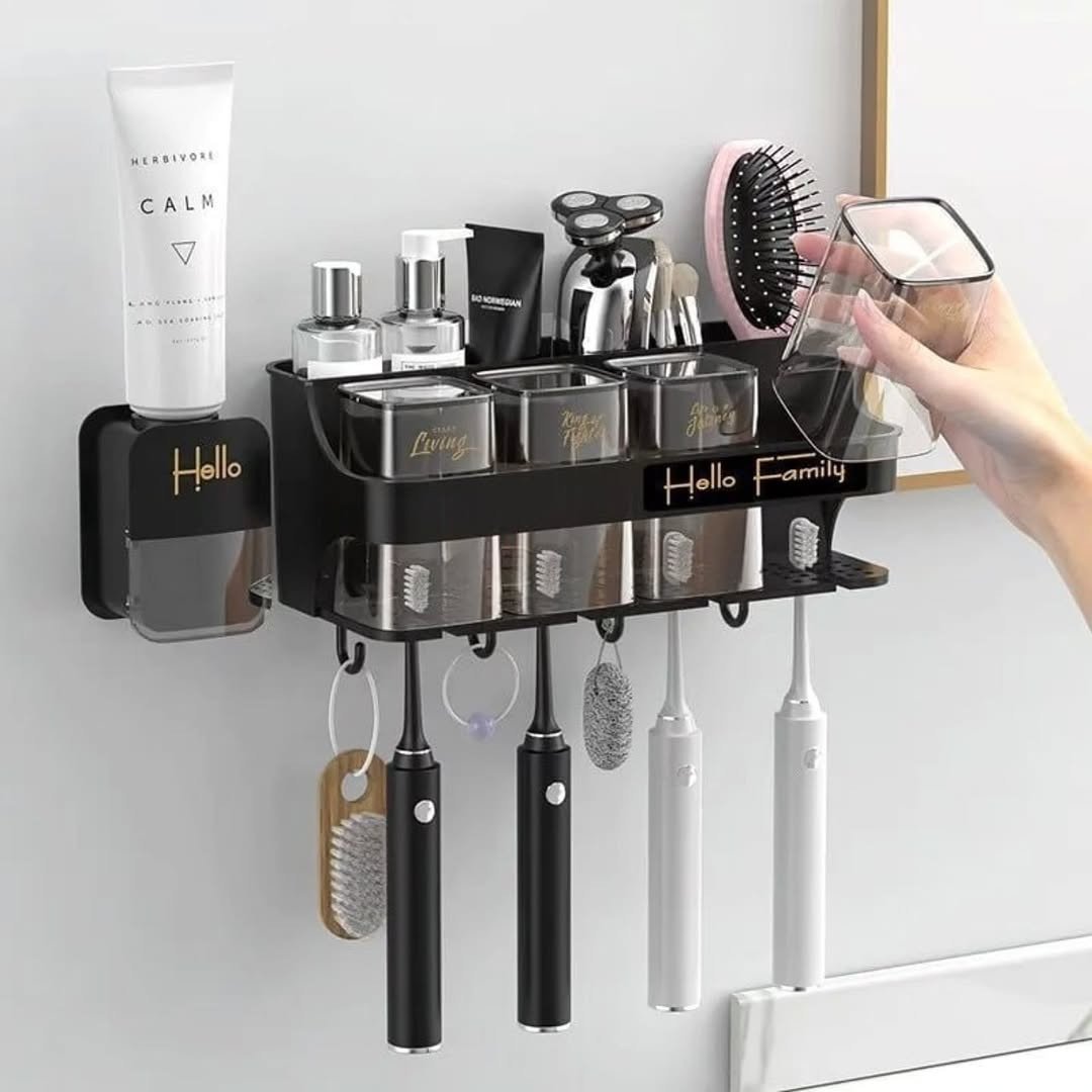 Toothbrush Holder with Toothpaste Dispenser and 4 Cups