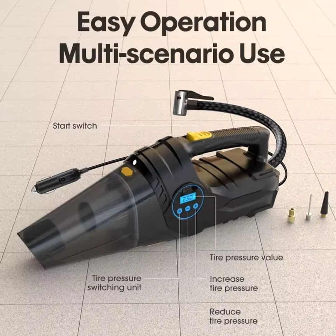Portable Car Tyre Inflator and Vacuum Cleaner Dual Use
