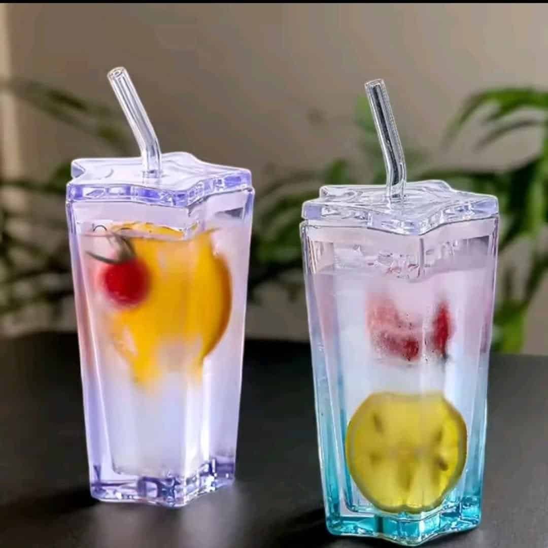 Pentagonal Glass Tumbler with Straw