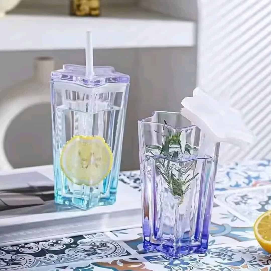 Pentagonal Glass Tumbler with Straw