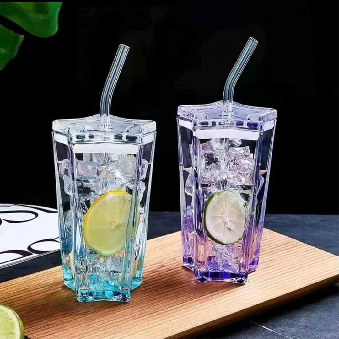 Pentagonal Glass Tumbler with Straw